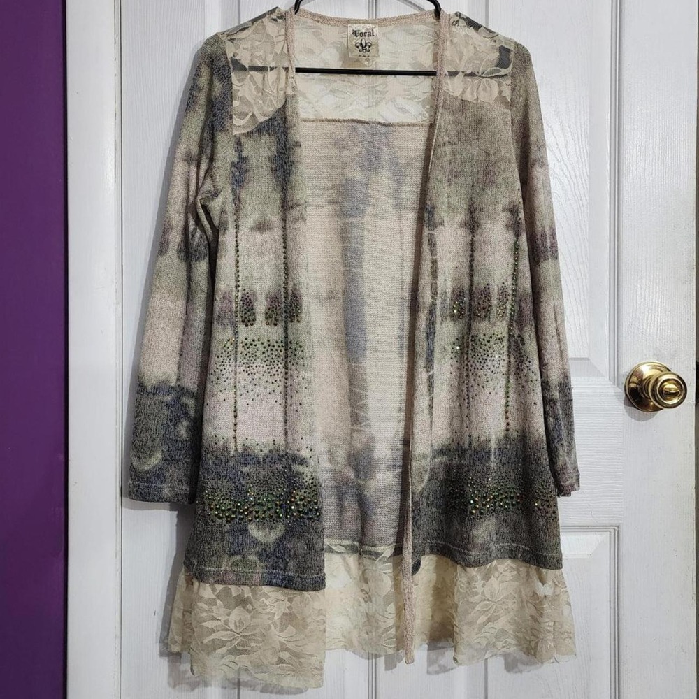 Y2K Beige Bedazzled Lace Cardigan